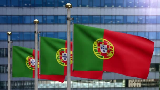 3D, portugál zászló lengett a szélben, modern felhőkarcoló várossal. Portugál banner fújja sima selyem. Ruha szövet textúra zászlós háttér. Használja a nemzeti nap és az ország alkalmakkor koncepció.-Dan