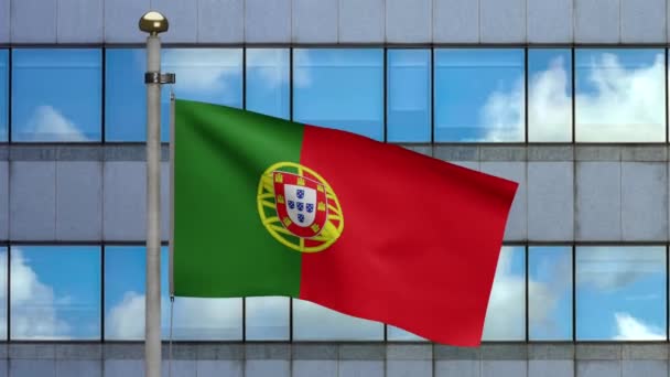 葡萄牙国旗迎风飘扬与现代摩天大楼的城市 葡萄牙国旗吹亮光滑的丝绸 布料质地为背景图案 将其用于国庆和国庆的概念 — 图库视频影像