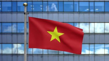 3D, Vietnam bayrağı modern gökdelen şehrinde rüzgarda dalgalanıyor. Vietnam afişini yakın çekin, yumuşak ve pürüzsüz ipek. Kumaş kumaş dokusu. -Dan.