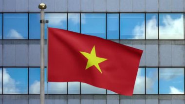 3D, Vietnam bayrağı modern gökdelen şehrinde rüzgarda dalgalanıyor. Vietnam bayrağı yumuşak ipek gibi esecek. Kumaş kumaş dokusu, Asteğmen. Bunu ulusal gün ve ülke etkinlikleri için kullan.