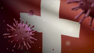 3D, İsviçre bayrağında dalgalanan grip koronavirüsü, solunum yoluna saldıran bir patojen. Covid19 virüs enfeksiyonu konseptiyle sallanan İsviçre pankartı. Gerçek kumaş dokusu Asteğmen Dan