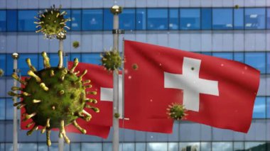 3D, modern gökdelen şehri ile İsviçre bayrağı üzerinde dalgalanan grip koronavirüsü. Covid19 virüs enfeksiyonu konseptiyle sallanan İsviçre pankartı. Gerçek kumaş dokusu Asteğmen Dan