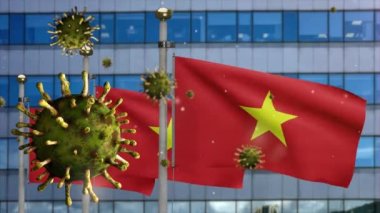 3D, modern gökdelen şehriyle Vietnam bayrağında dalgalanan grip koronavirüsü. Vietnam pankartı Covid19 virüs enfeksiyonu konseptiyle sallanıyor. Gerçek kumaş dokusu Asteğmen Dan