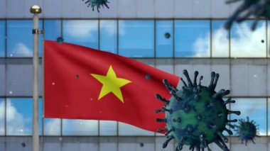3D, modern gökdelen şehri ve Coronavirus 2019 nCov ile Vietnam bayrağı dalgalanıyor. Vietnam 'daki Asya salgını, koronavirüs gribi, salgın gibi tehlikeli grip salgını vakaları. Virüs Covid19-Dan
