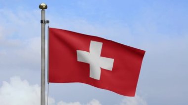 3D, İsviçre bayrağı dalgalanan mavi gökyüzü ve bulutlar. İsviçre afişini yakın çekin, yumuşak ve pürüzsüz ipek. Kumaş kumaş dokusu. -Dan.