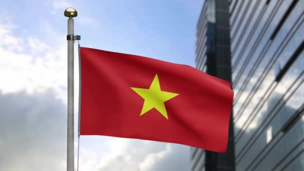 Bandeira Vietnamita Acenando Vento Com Moderna Cidade Arranha Céus Bandeira — Vídeo de Stock
