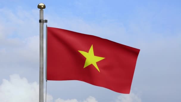 Bandera Vietnamita Ondeando Viento Con Cielo Azul Nubes Primer Plano — Vídeos de Stock