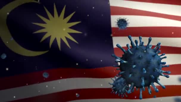 Wirus Grypy Unoszący Się Nad Malezyjską Flagą Patogen Atakujący Drogi — Wideo stockowe
