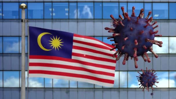 Malezyjska Flaga Machająca Nowoczesnym Miastem Drapaczy Chmur Wybuchem Epidemii Koronawirusa — Wideo stockowe