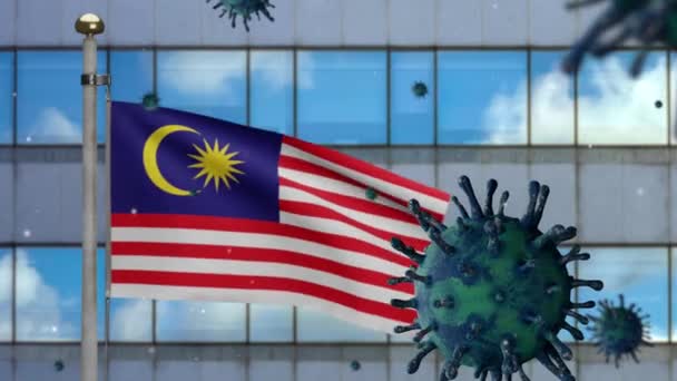 Malaysian Flag Waving Modern Skyscraper City Coronavirus 2019 Ncov Concept — Stock Video