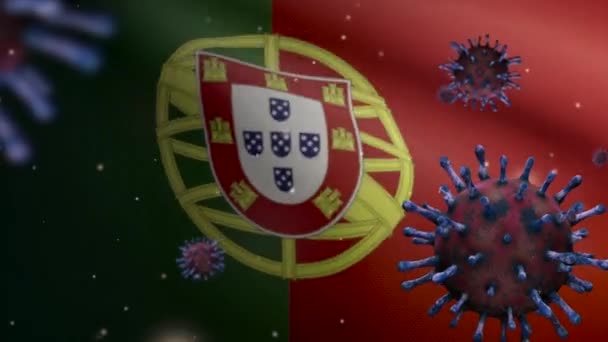インフルエンザのコロナウイルスポルトガルの旗の上に浮かんでいる病原体呼吸器を攻撃する ポルトガルのバナーは パンデミックコビデオ19ウイルス感染の概念を振って 生地の質感 Ensign Dan — ストック動画