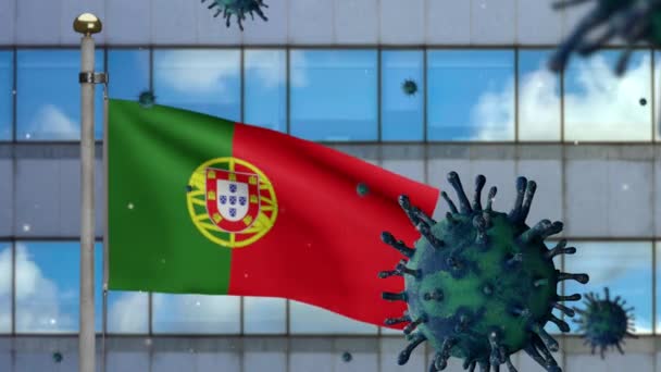 Portugalská Vlajka Vlnící Moderním Mrakodrapem Města Coronavirus 2019 Ncov Koncept — Stock video