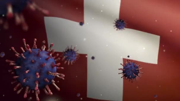 Sveits Flagg Vinker Med Coronavirus Infiserer Åndedrettssystemet Som Farlig Influensa – stockvideo