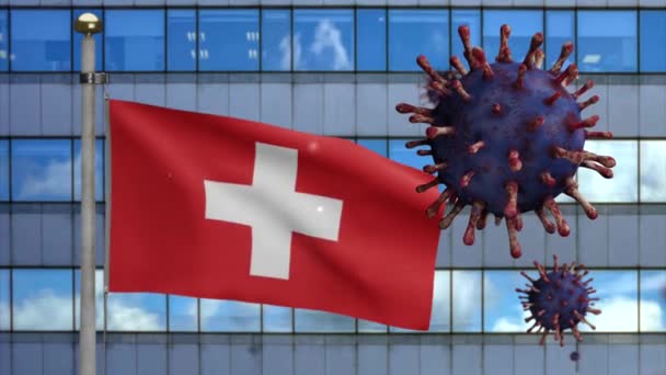 Флаг Швейцарии Современным Городом Небоскребом Вспышкой Коронавируса Опасный Грипп Грипп — стоковое видео