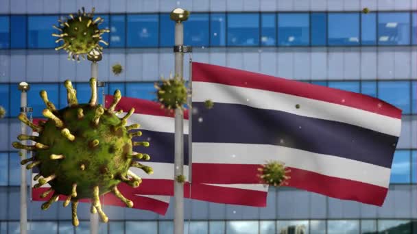Coronavírus Gripe Flutuando Sobre Bandeira Tailandesa Com Moderna Cidade Arranha — Vídeo de Stock