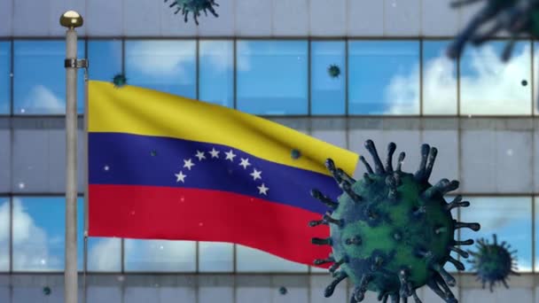 Griep Coronavirus Zwevend Venezolaanse Vlag Met Moderne Wolkenkrabber Stad Venezuela — Stockvideo