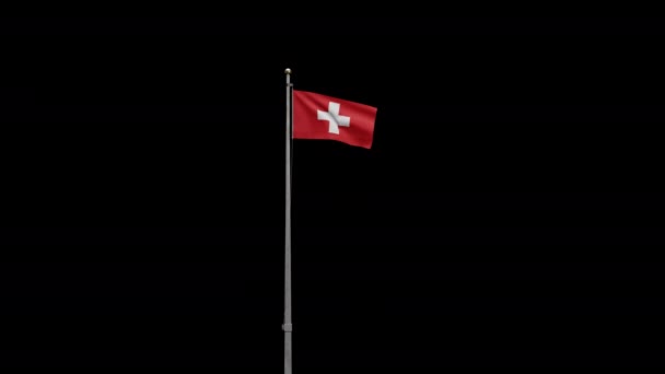 3D展示了瑞士国旗在风中飘扬的阿尔法通道 靠近瑞士国旗吹亮光滑的丝绸 布料质地为背景图案 国庆和国庆概念 — 图库视频影像