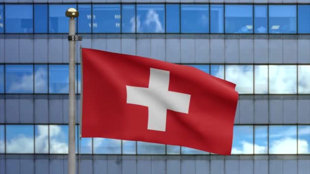 Svizzera Bandiera Sventolando Sul Vento Con Moderna Città Grattacielo Primo — Video Stock