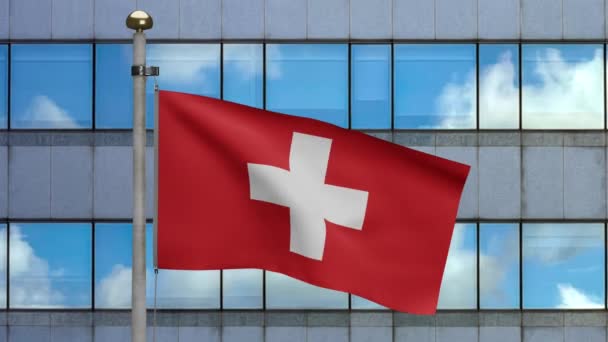 Σημαία Ελβετίας Κυματίζει Στον Άνεμο Σύγχρονη Πόλη Ουρανοξύστη Ελβετική Σημαία — Αρχείο Βίντεο