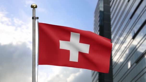 Флаг Швейцарии Волнистый Ветер Современным Небоскребом Города Закрыть Швейцарский Баннер — стоковое видео