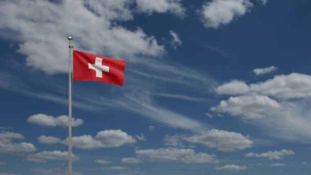 Bandera Suiza Ondeando Viento Con Cielo Azul Nubes Primer Plano — Vídeos de Stock