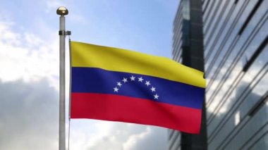 3D, Venezuela bayrağı modern gökdelen şehrinde rüzgarda dalgalanıyor. Venezuela afişini kapat, yumuşak ve pürüzsüz ipek. Kumaş kumaş dokusu. -Dan.