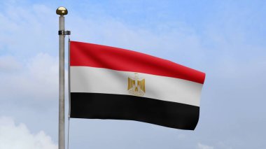 3D, Mısır bayrağı mavi gökyüzü ve bulutlarla rüzgarda dalgalanıyor. Mısır afişi pürüzsüz ipek gibi. Kumaş kumaş dokusu, Asteğmen. Ulusal gün ve ülke etkinlikleri konsepti için kullan..