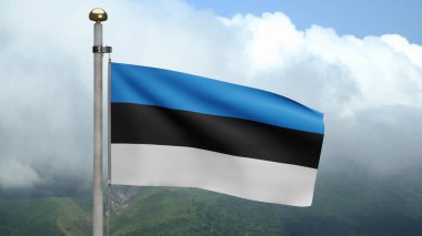 3D, Estonya bayrağı dağda rüzgarda dalgalanıyor. Estonya afişi pürüzsüz ipek gibi esiyor. Kumaş kumaş dokusu, Asteğmen. Ulusal gün ve ülke etkinlikleri konsepti için kullan..