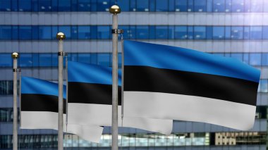 3D, Estonya bayrağı modern gökdelen şehrinde rüzgarda dalgalanıyor. Estonya afişi yumuşak ipek gibi esecek. Kumaş kumaş dokusu, Asteğmen. Ulusal gün ve ülke etkinlikleri konsepti için kullan..