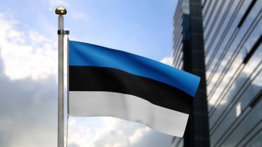 3D, Estonya bayrağı modern gökdelen şehrinde rüzgarda dalgalanıyor. Estonya afişi yumuşak ipek gibi esecek. Kumaş kumaş dokusu, Asteğmen. Ulusal gün ve ülke etkinlikleri konsepti için kullan..