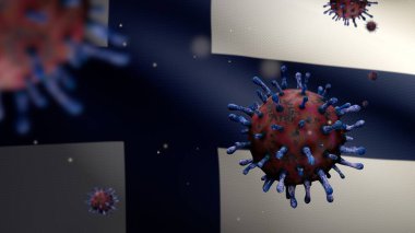 3D, Finlandiya bayrağı sallanıyor. Coronavirüs salgını solunum sistemini tehlikeli bir grip gibi etkiliyor. Arka planda ulusal Finlandiya pankartı olan Covid 19 tipi grip virüsü. Salgın konsepti