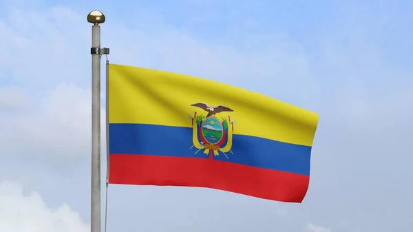 Ekwadorska Flaga Machająca Wietrze Błękitnym Niebem Chmurami Zbliżenie Ekwadoru Baner — Zdjęcie stockowe