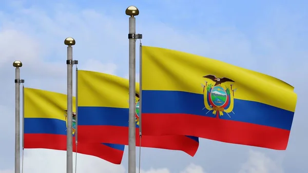 Ecuadorian Flag Waving Wind Blue Sky Clouds Ecuador Banner Blowing — Stock Photo, Image