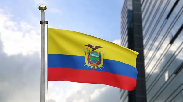 Ecuadorianische Flagge Weht Wind Mit Moderner Wolkenkratzerstadt Großaufnahme Der Fahne — Stockfoto