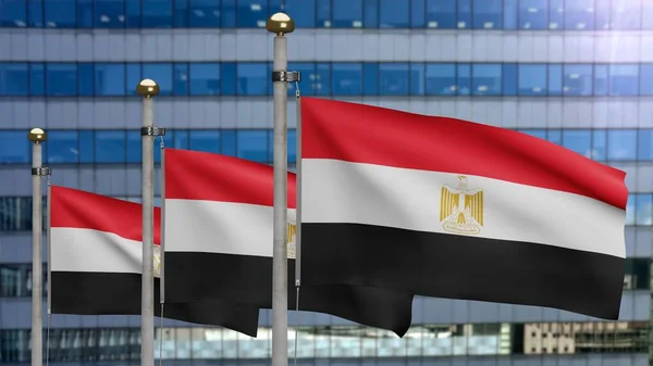 Egyptische Vlag Wapperend Wind Met Moderne Wolkenkrabber Stad Egypte Spandoek — Stockfoto