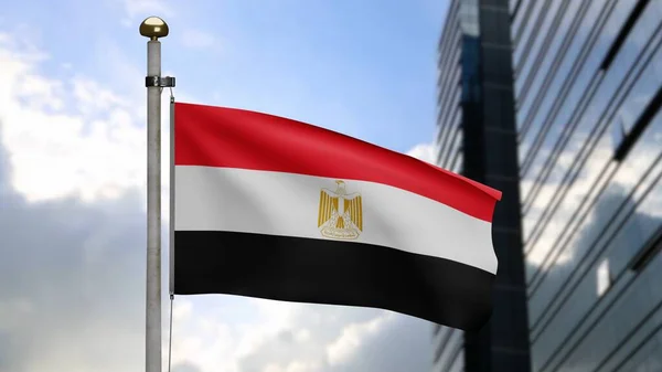 Egyptische Vlag Wapperend Wind Met Moderne Wolkenkrabber Stad Egypte Spandoek — Stockfoto