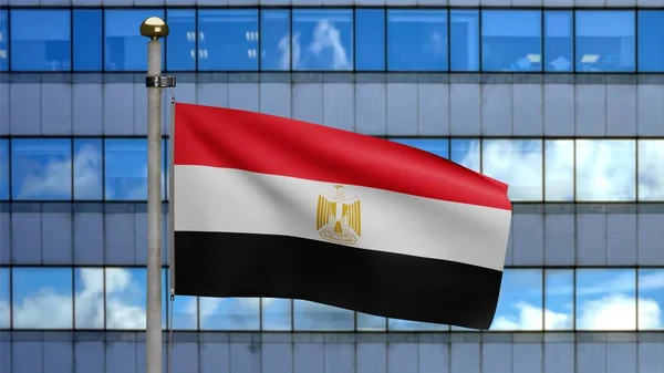 Egyptische Vlag Wapperend Wind Met Moderne Wolkenkrabber Stad Close Van — Stockfoto