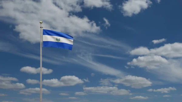 Σαλβαδοριανή Σημαία Κυματίζει Στον Άνεμο Μπλε Ουρανό Και Σύννεφα Κοντινό — Φωτογραφία Αρχείου
