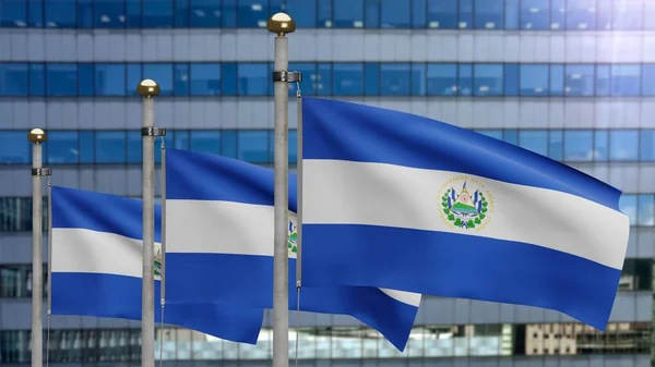 Salvadorean Flag Waving Wind Modern Skyscraper City Salvador Banner Blowing — Stock Photo, Image