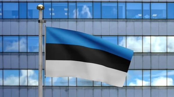 Estonská Vlajka Vlnící Větru Moderním Mrakodrapem Detailní Záběr Estonského Praporu — Stock fotografie