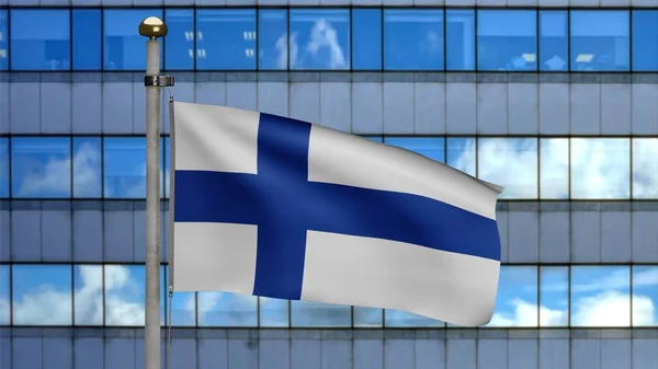 Финский Флаг Размахивающий Ветру Современным Небоскребом Города Закрыть Финляндский Баннер — стоковое фото