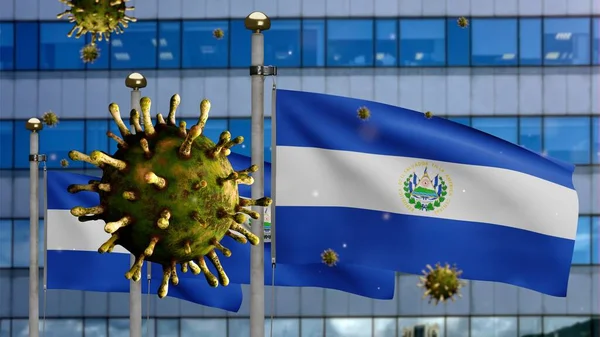 Flu Coronavirus Επιπλέουν Πάνω Σαλβαδοριανή Σημαία Σύγχρονη Πόλη Ουρανοξύστη Salvador — Φωτογραφία Αρχείου
