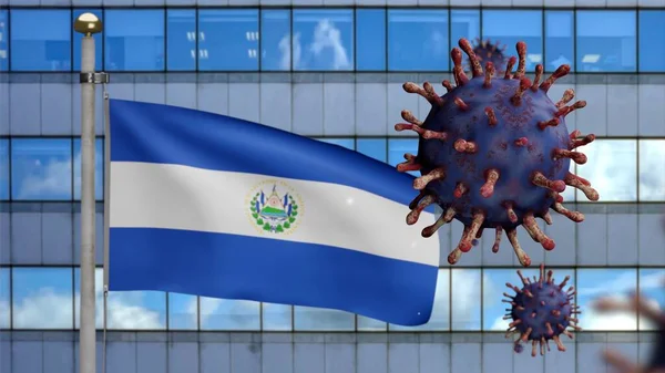 Τρισδιάστατη Σαλβαδοριανή Σημαία Κυματίζει Σύγχρονη Πόλη Ουρανοξύστη Και Ξέσπασμα Κορωναϊού — Φωτογραφία Αρχείου