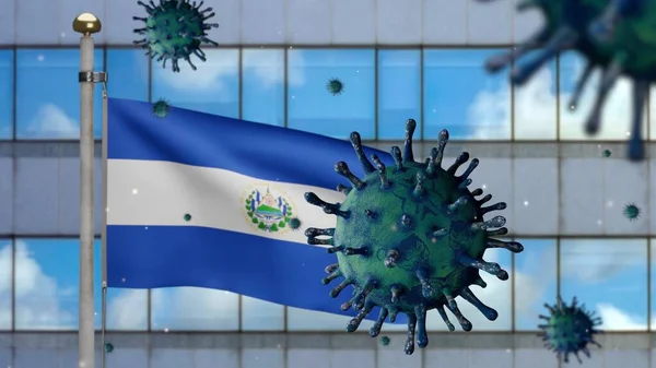 Σαλβαδοριανή Σημαία Κυματίζει Σύγχρονη Πόλη Ουρανοξύστη Και Coronavirus 2019 Ncov — Φωτογραφία Αρχείου