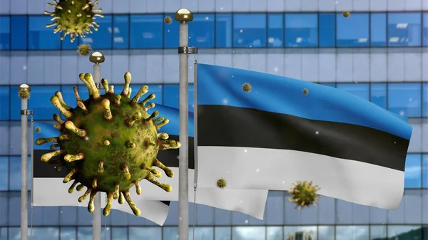 Griep Coronavirus Zwevend Estse Vlag Met Moderne Wolkenkrabber Stad Estland — Stockfoto