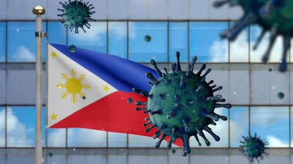 Філіппінський Прапор Розмахуючи Сучасним Містом Хмарочосів Коронавірусом 2019 Ncov Концепція — стокове фото