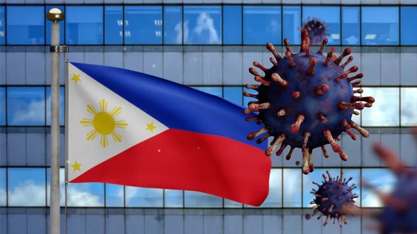 Philippin Flag Waving Modern Skyscraper City Coronavirus Outbreak Dangerous Flu — Stock Photo, Image