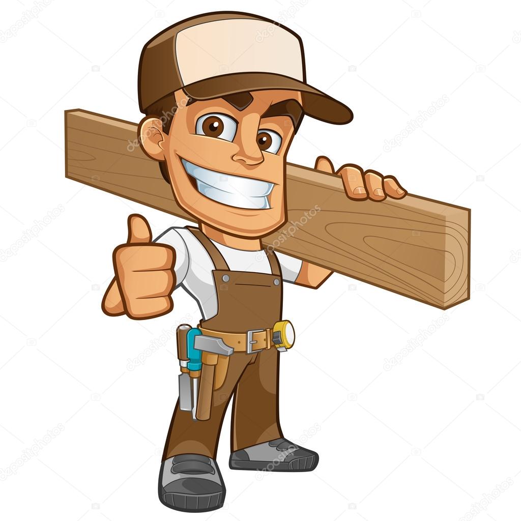 Дружелюбный плотник, одет в рабочую одежду и носит с собой деревянную