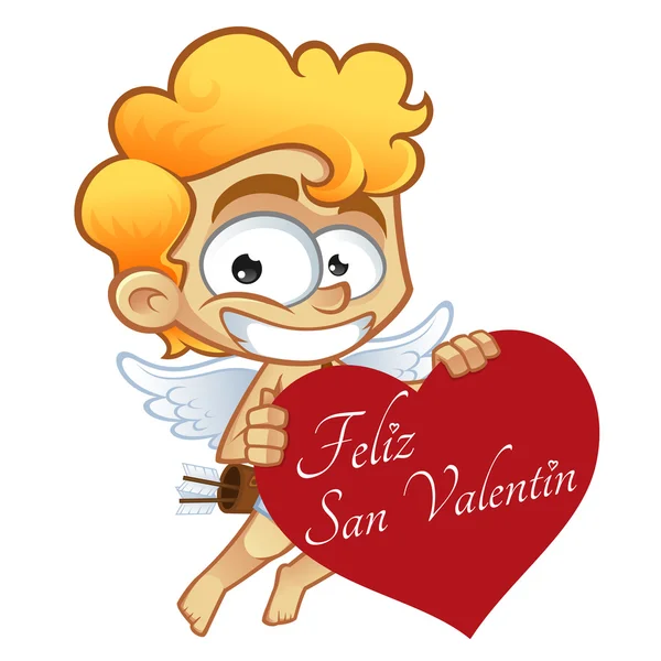 Cupido simpático con un gran corazón — Vector de stock