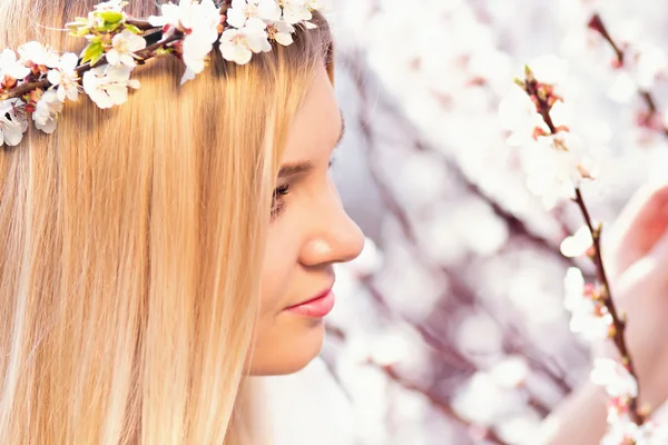 アプリコットの花の花輪の少女 — ストック写真